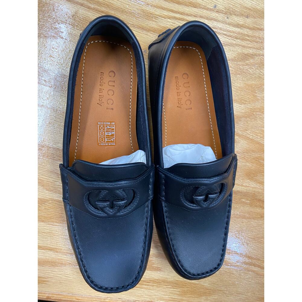 GUCCI INTERLOCKING G LOGO Black Leather Men's DRIVER Loafer Shoes 7.5 (L1) - Picture 4 of 7